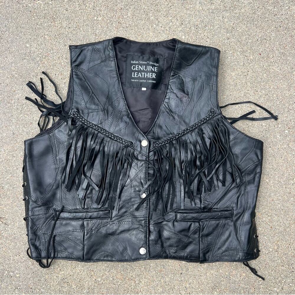 Vintage Navarre Leather Black patch Fringe Lace Up Side Biker Vest 2X